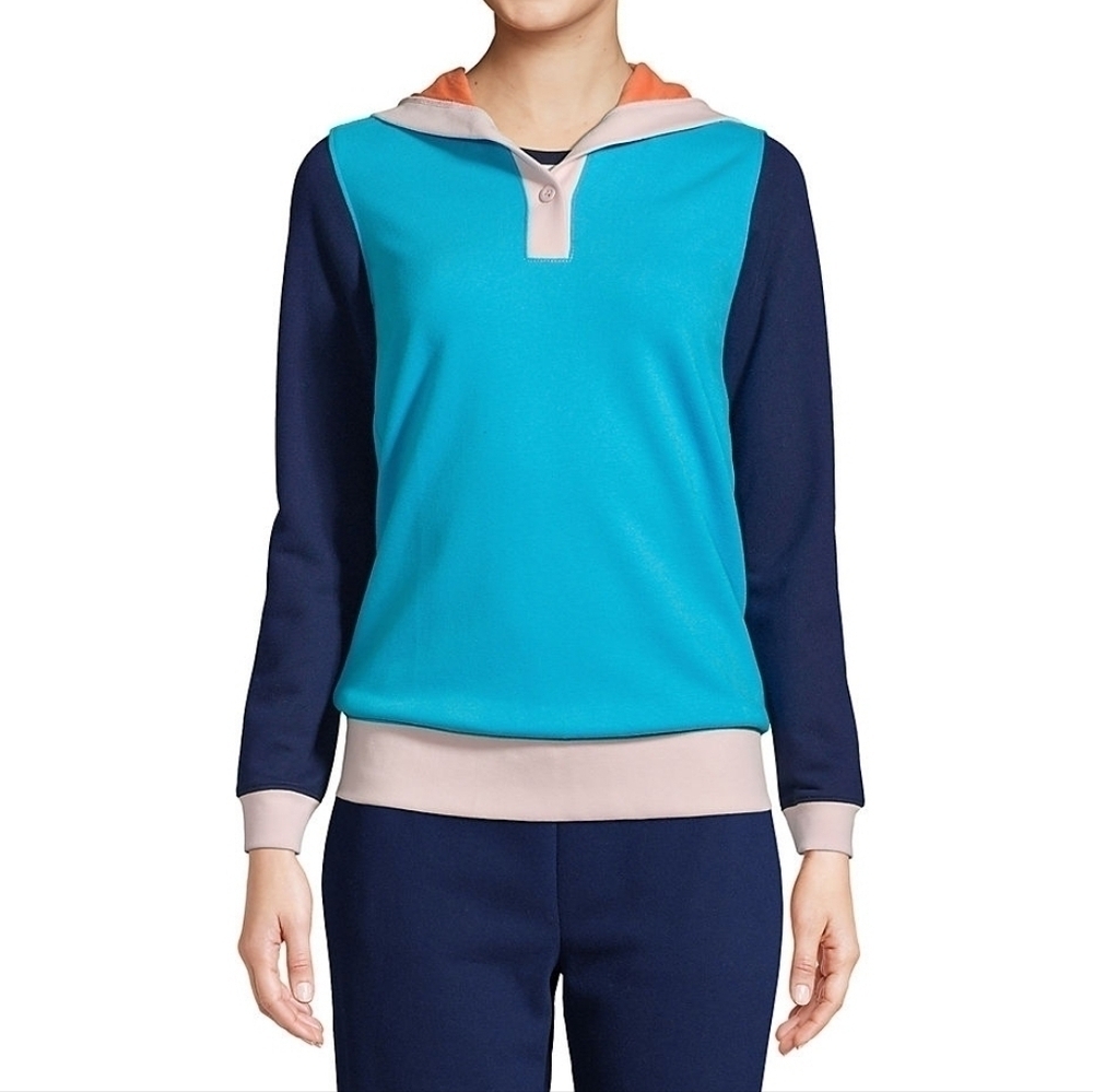 Lands End Long Sleeve Sweatshirt Button Hoodie TURQUOISE COLOR BLOCK LARGE 14/16